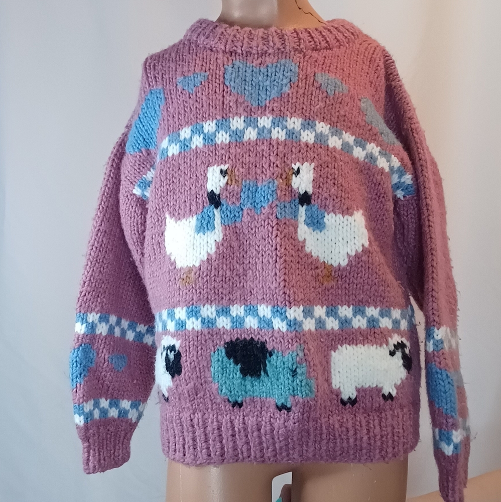 Vintage Pink Knitted Goose, Sheep & Pig Sweater.